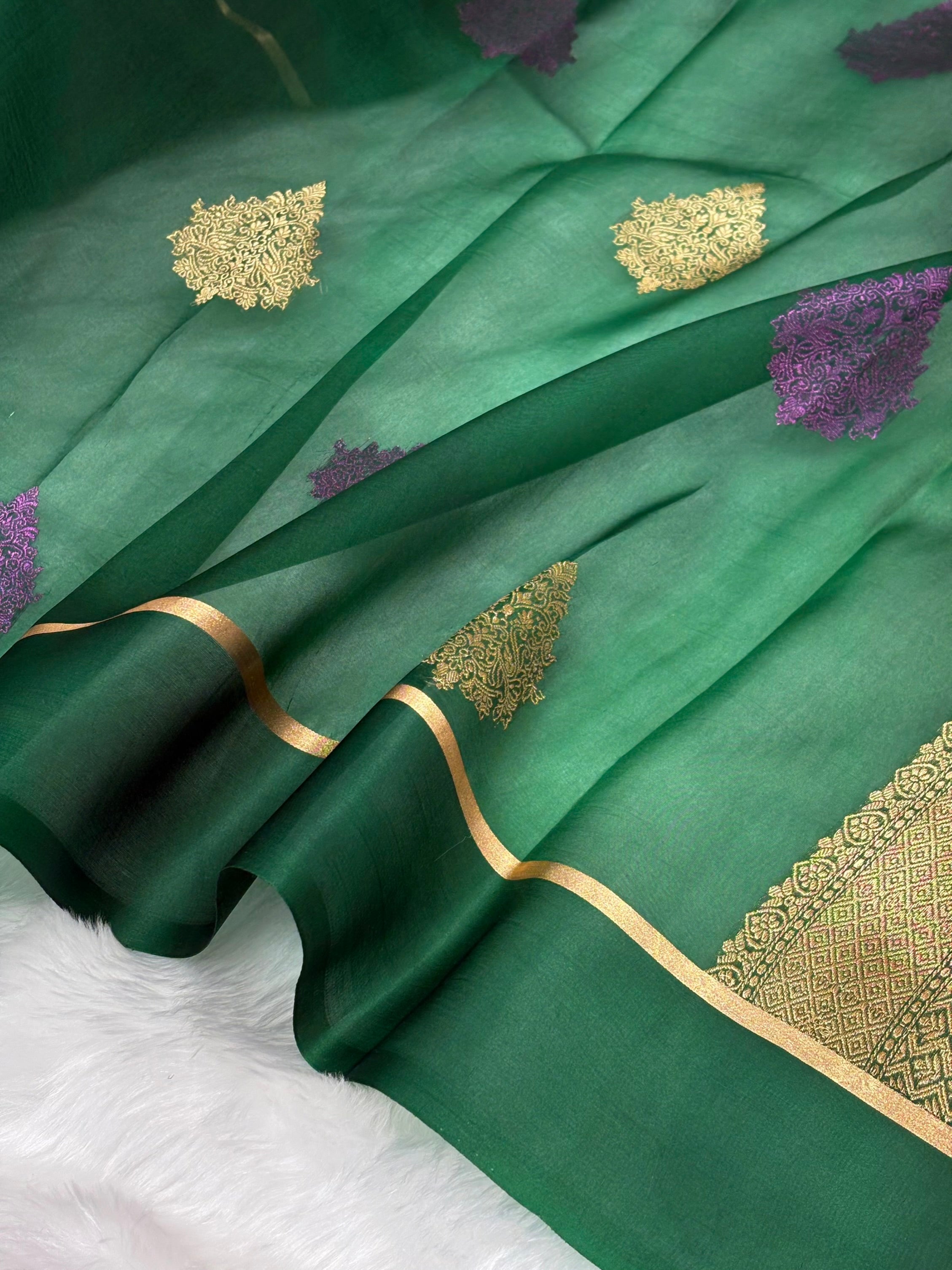 Pure Organza Dark Bottle Green Floral Banarasi Silk Saree PO-03