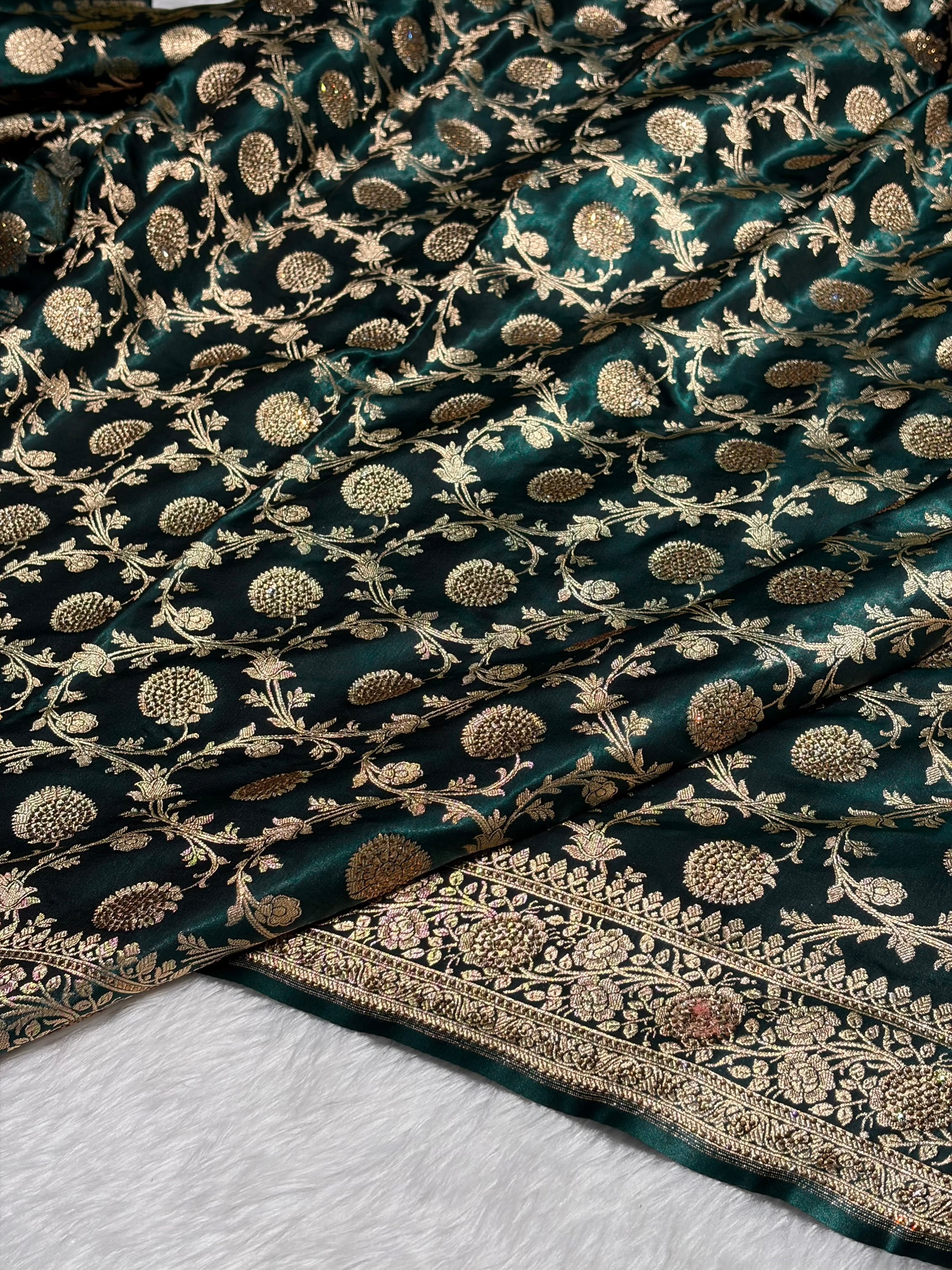 Dark Bottle Green Swarovski Work Jaal Pattern Satin Silk Saree BSS15