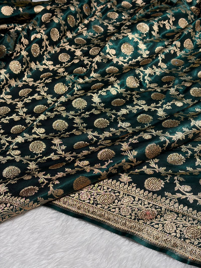 Dark Bottle Green Swarovski Work Jaal Pattern Satin Silk Saree BSS15
