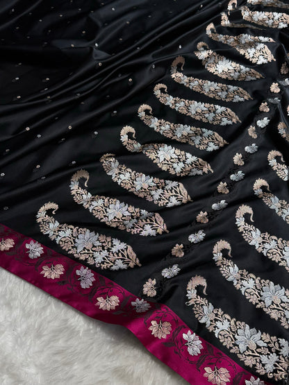 Contrast Black With Rani Floral Boota With Floral Border Mashru Silk Saree MSM-78