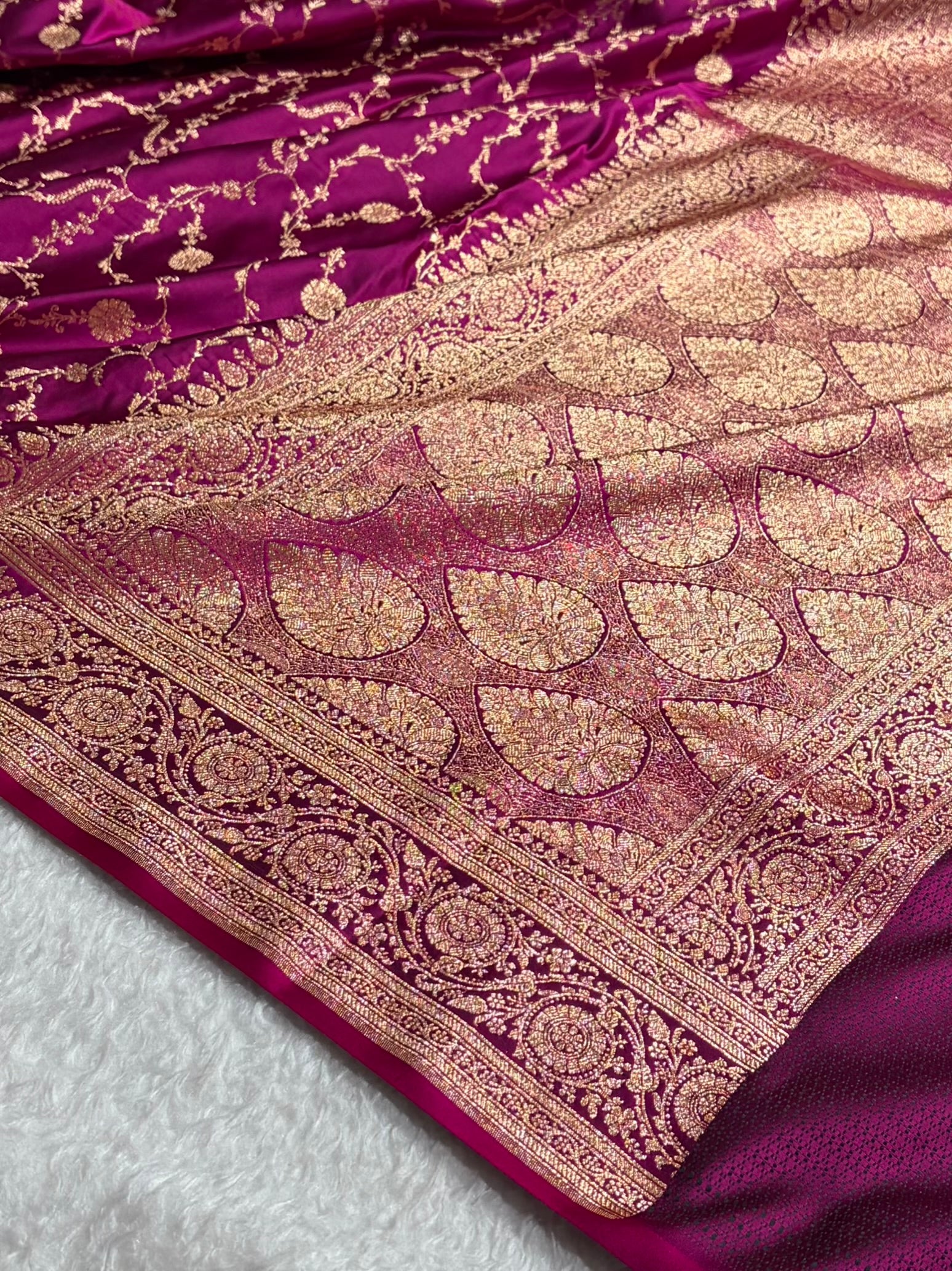 Banarasi Satin Katan Saree in Jaal Pattern Rani Shades SK86