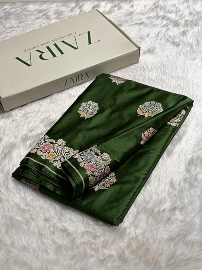 Bottle Green Mashru Silk Saree With Allover Floral Boota MS21