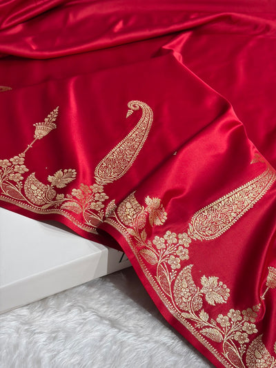 Banarasi Satin Katan Saree Plain With Floral Border Pattern in Red Shades SK140