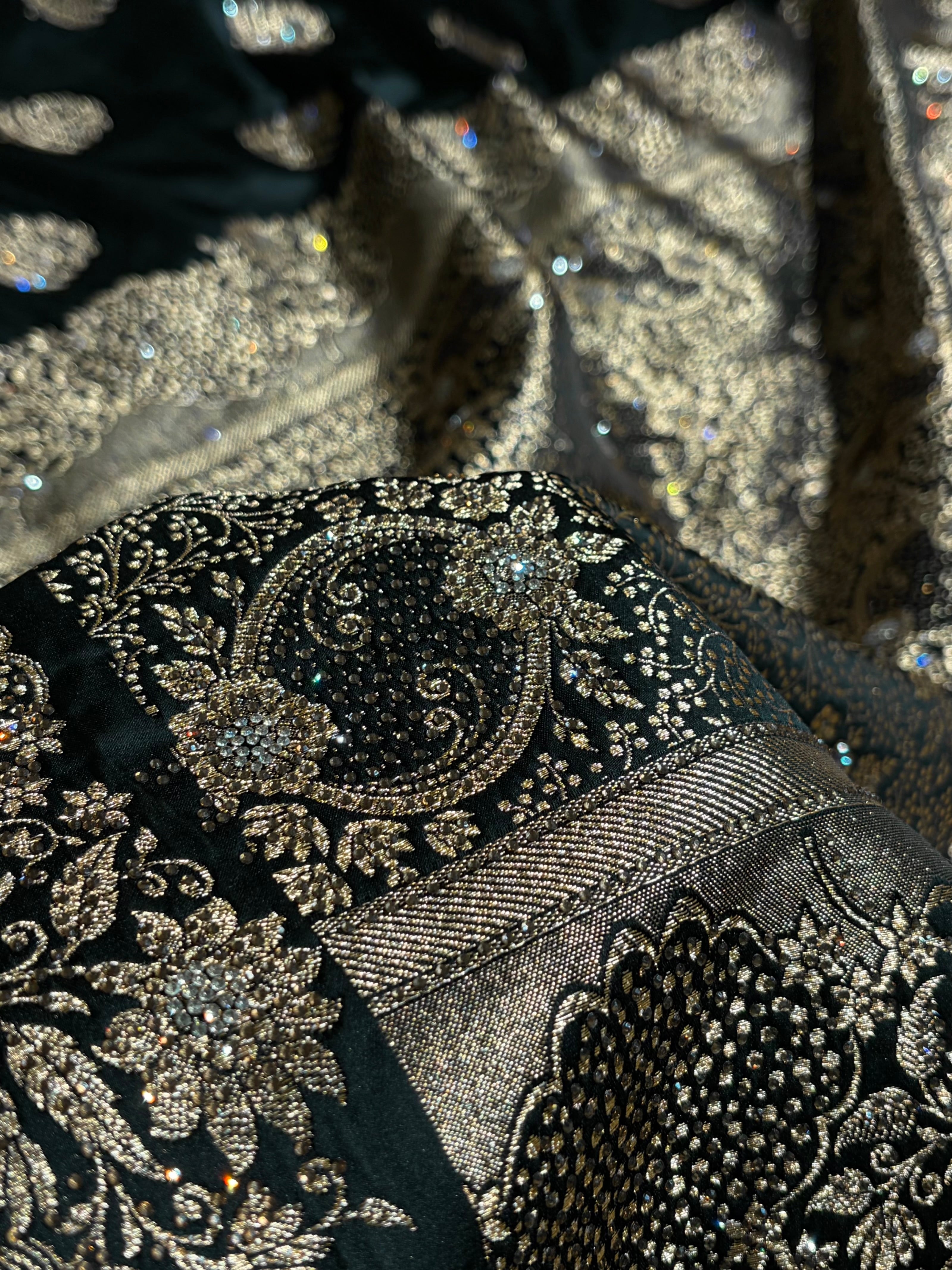 Black Unique Swarovski Stone Work Boota Pattern Satin Katan Silk Saree BSK70