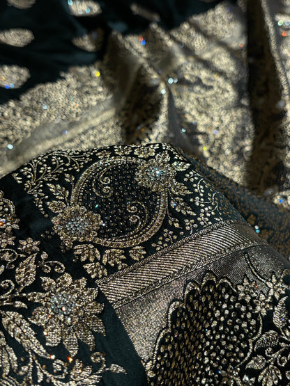 Black Unique Swarovski Stone Work Boota Pattern Satin Katan Silk Saree BSK70