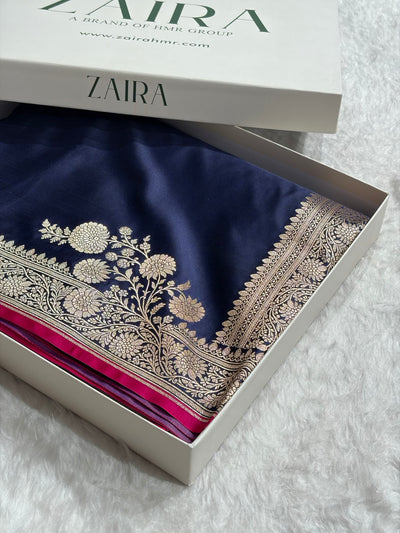 Navy Blue Shades Floral Border Mashru Silk Saree MSM-62