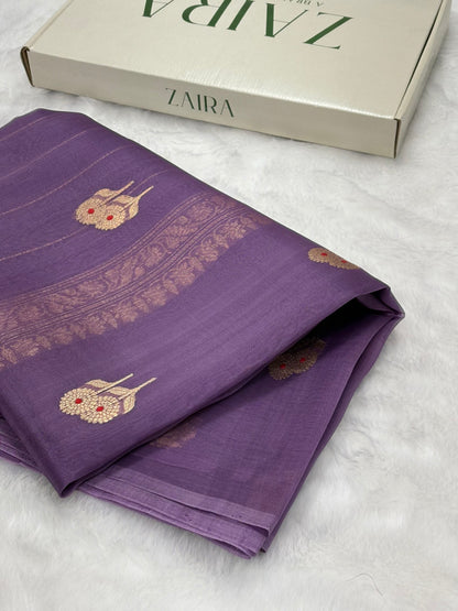 Pure Organza Dusty Lavender Meena Floral Banarasi Silk Saree PO-05