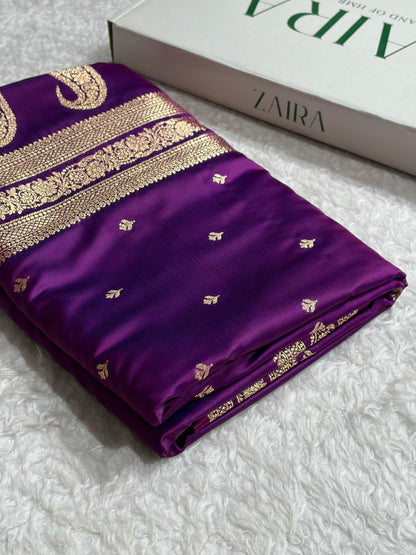 Banarasi Satin Katan Saree Booti Pattern in Cross Purple Shades SK128