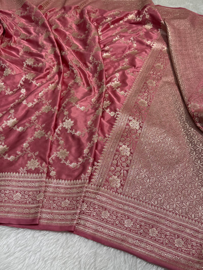 Dusty Strawberry Floral Jaal Mashru Silk Saree MCS07