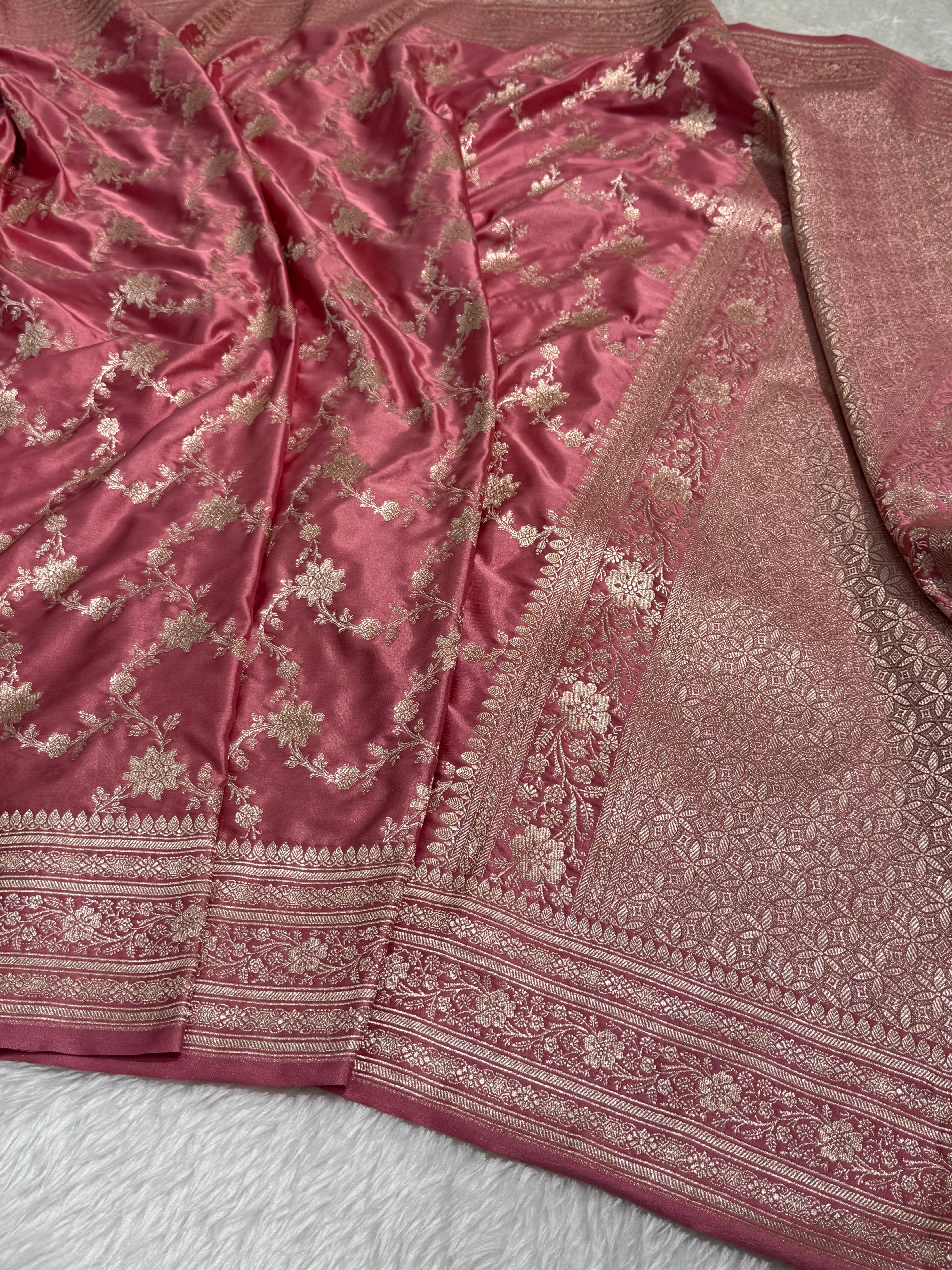 Dusty Strawberry Floral Jaal Mashru Silk Saree