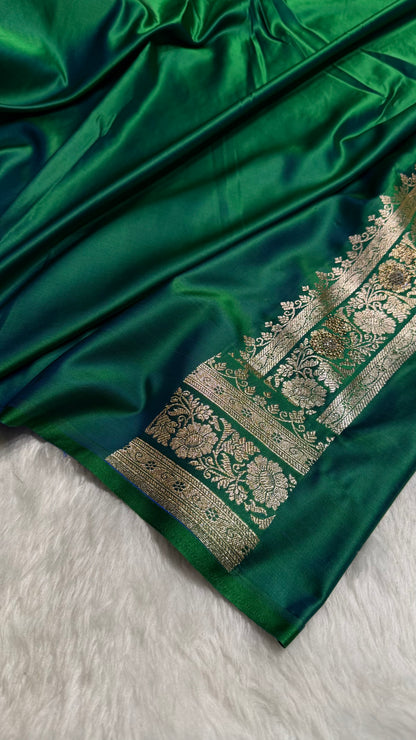 Cross Green Floral Jaal Pattern Satin Katan Silk saree BSK42