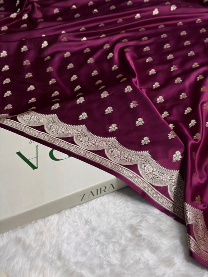 Wine Scallop Booti Mashru Silk Banarasi Saree MSM-35