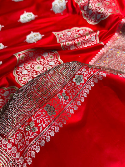 Premium Banarasi Satin Katan Saree Swarovski Work Minakari Booti Pattern in Red Shades BSK04
