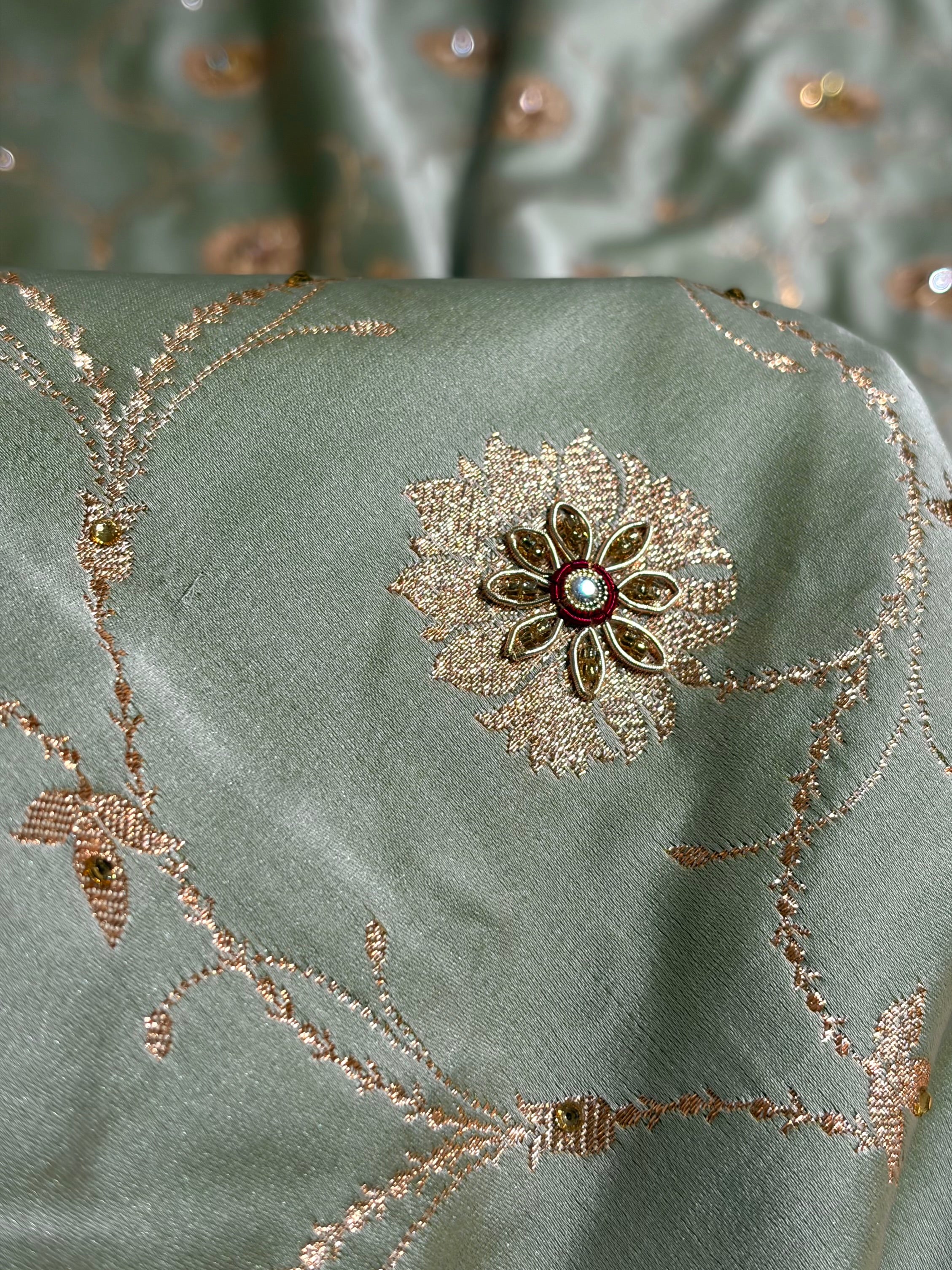 Pastel Mahndi Banarasi Jaal Satin Katan Silk Saree with Stone & Zardozi Work BSK06