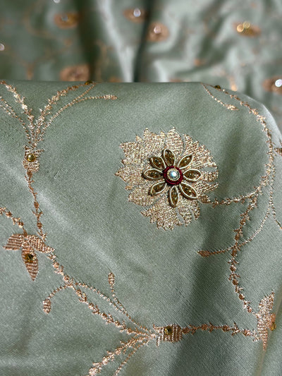 Pastel Mahndi Banarasi Jaal Satin Katan Silk Saree with Stone & Zardozi Work BSK06