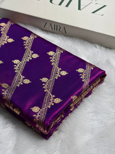 Cross Purple Shades Cross Pattern Banarasi Satin Silk Saree SS50