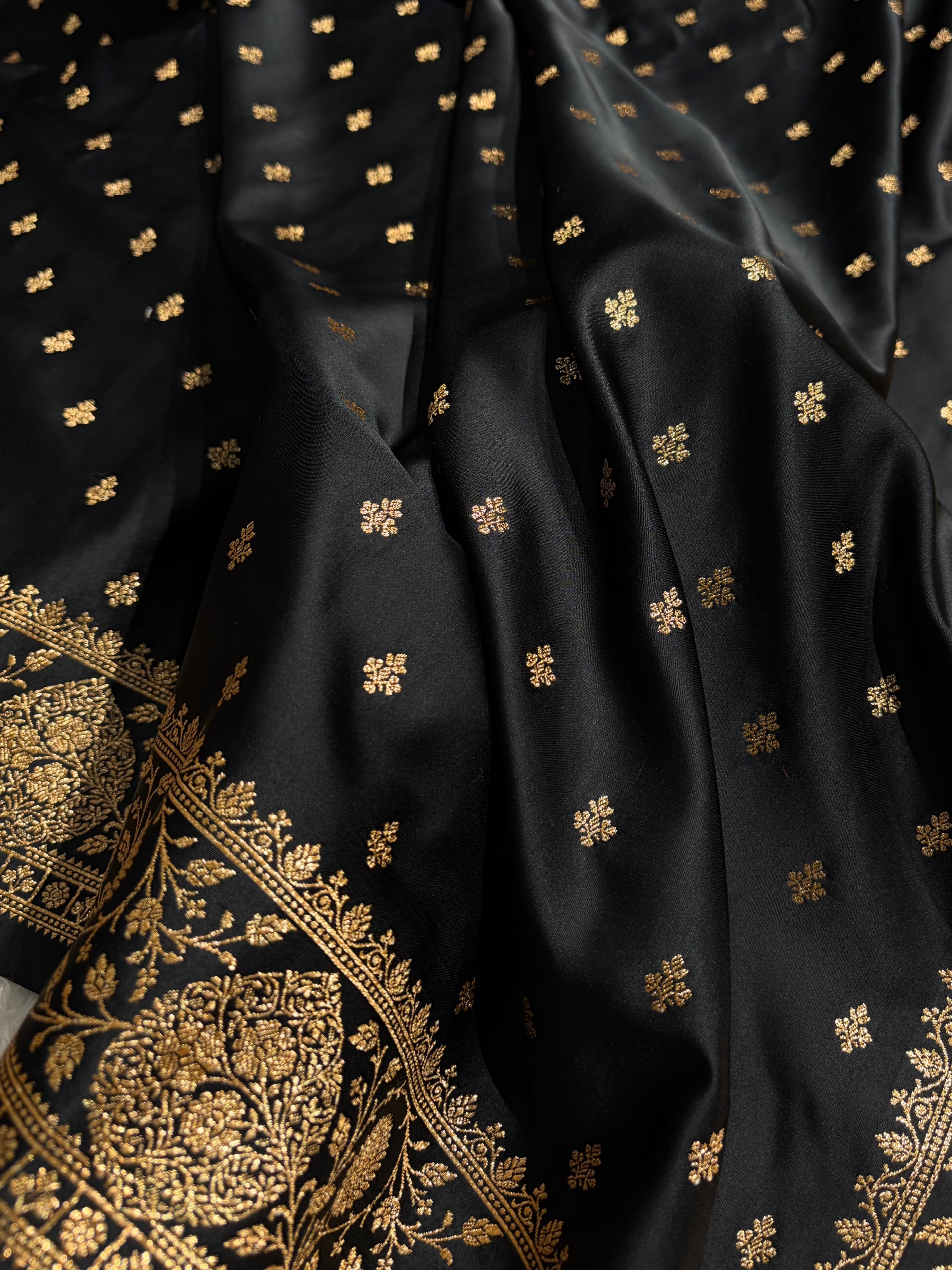 Banarasi Satin Katan Saree With Boota in Black Shades SK117