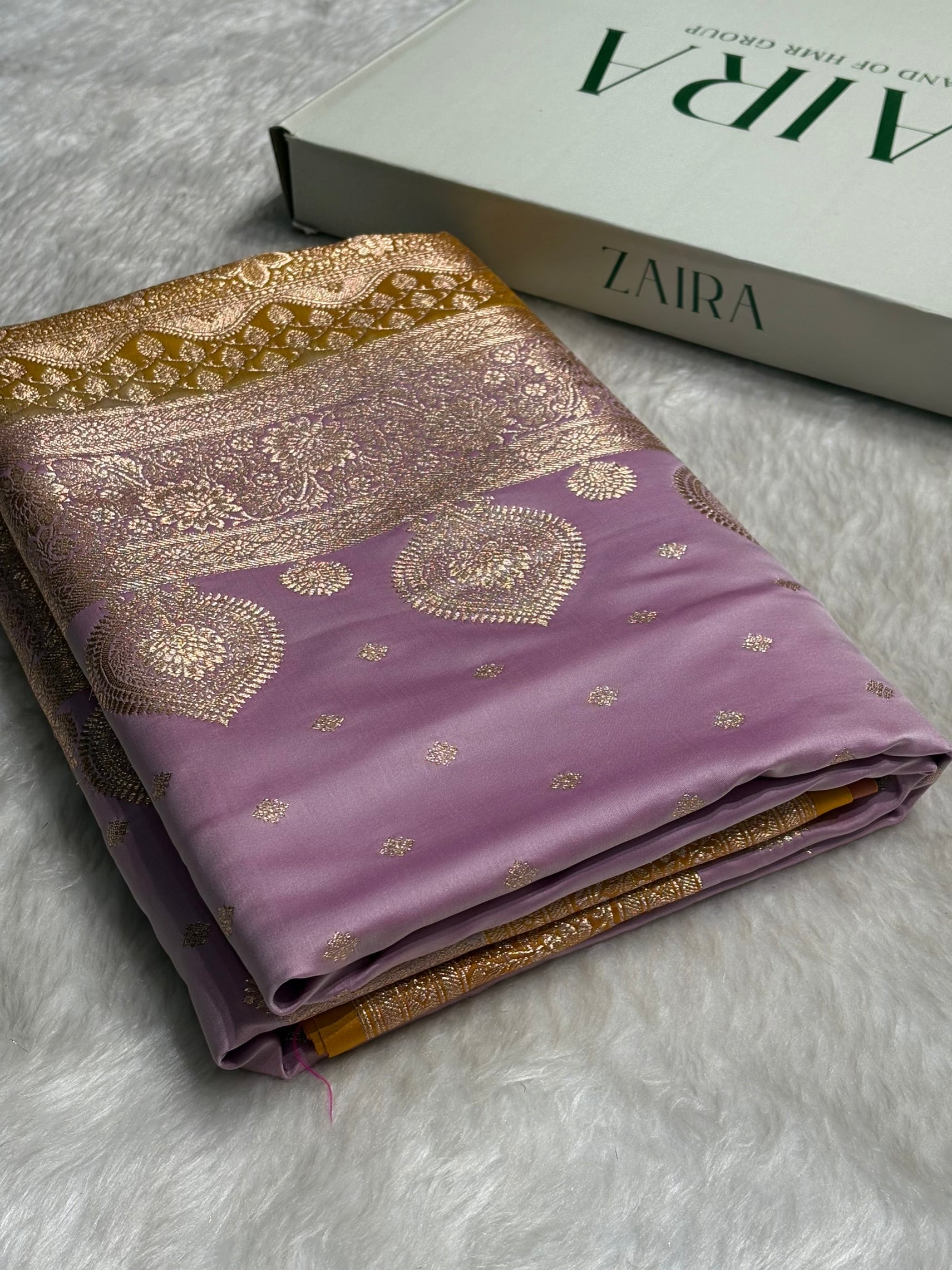 Lavender with Mustard Booti Satin Katan Silk saree SK29