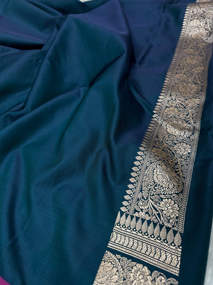 German Blue Jaal Pattern Mashru Silk Saree