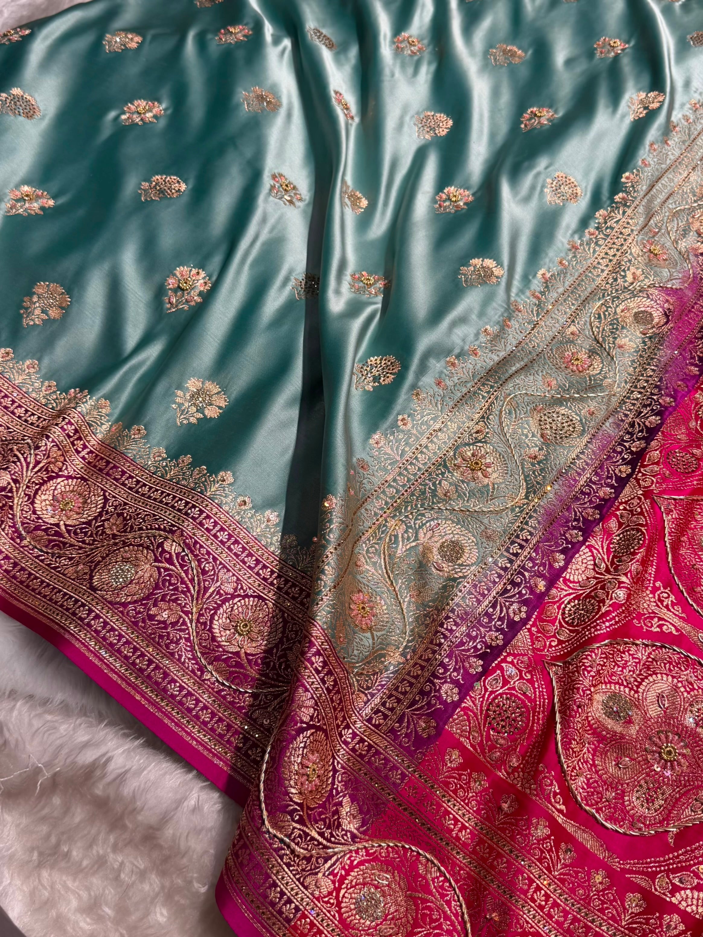 Sea Green - Rani Banarasi Boota With Zardozi & Swarovski Work Katan Silk Saree BSKM29
