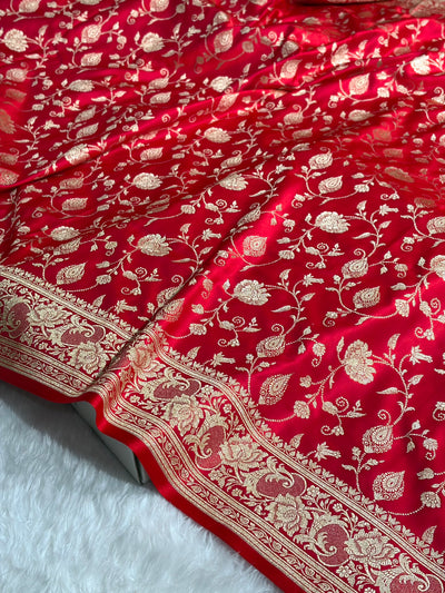 Banarasi Satin Katan Saree With Jaal Pattern in Red Shades SK120