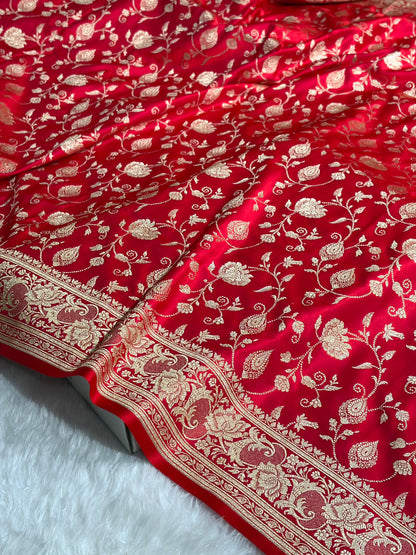 Banarasi Satin Katan Saree With Jaal Pattern in Red Shades SK120