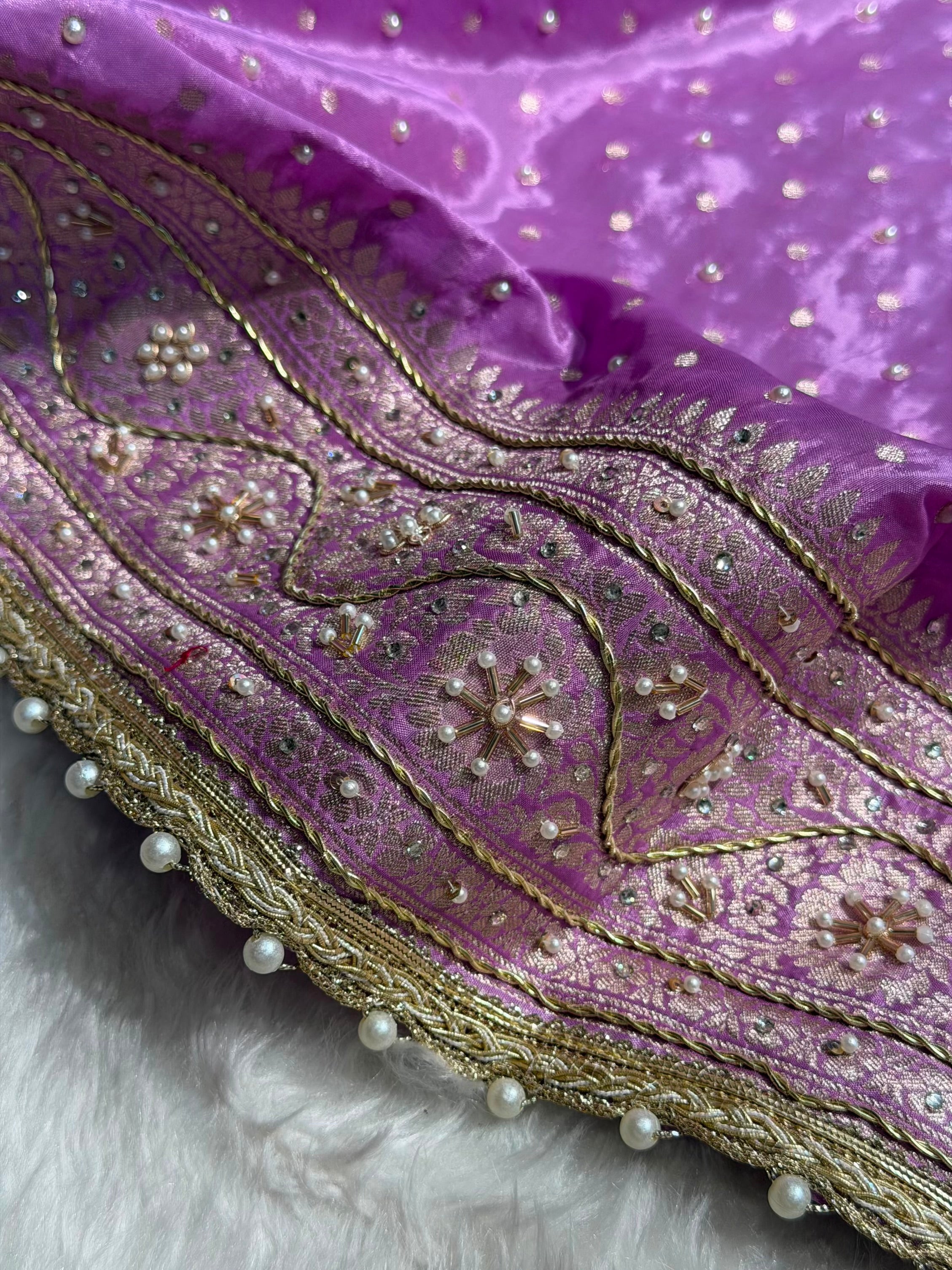 Lavender Shades Border Crepe Silky Katan With Ari Zardozi & Gotta Patti Work  Banarasi Saree BCSKGP-06