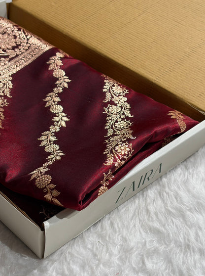 Banarasi Ultra Light Weight Satin Silk Mahroon in Cross Pattern SS10