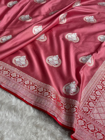 Contrast Baby Pink With Red Minakari Boota Mashru Silk Saree MS35