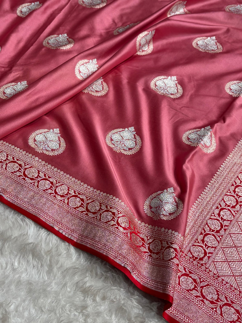 Contrast Baby Pink With Red Minakari Boota Mashru Silk Saree MS35
