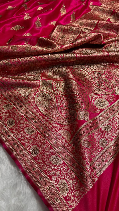 Satin Silk Saree Swarovski Work Floral Boota in Cross Rani Shades BSS26