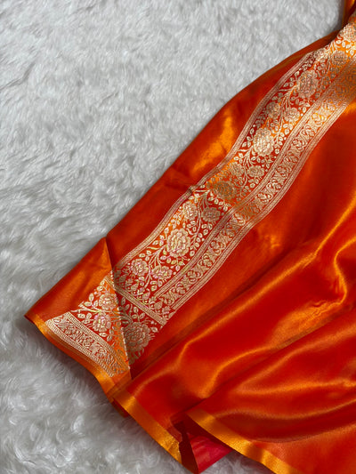 Banarasi Magentic Fire Gold Shades Cross Pattern Banarasi Satin Silk Saree SS61