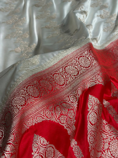 Contrast White / RedBanarasi Cross Mashru Silk Saree MCS01