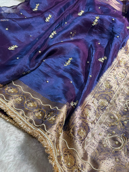 Purple Shades Wtih Ari & White Moti Work Pure Tissue Silk Saree with Brocade Blouse BPT-18