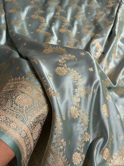 Banarasi Satin Katan Saree With Jaal Pattern in Pastel Grey Shades SK121