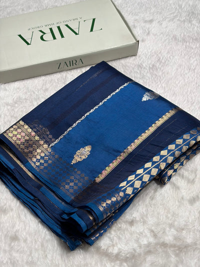 German Blue With Navy Shades Handwoven Pure Paper Silk RM-50