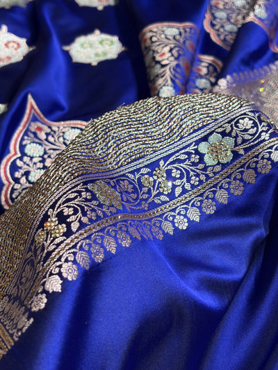 Premium Banarasi Satin Katan Saree Swarovski Work Minakari Booti Pattern in Royal Blue Shades BSK04
