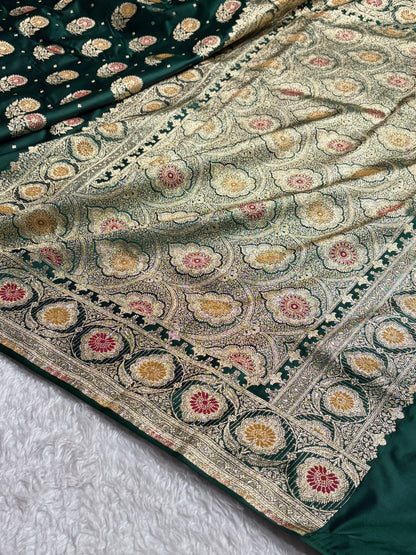 Bottle Green Shades Minakari Booti Satin Katan Silk saree