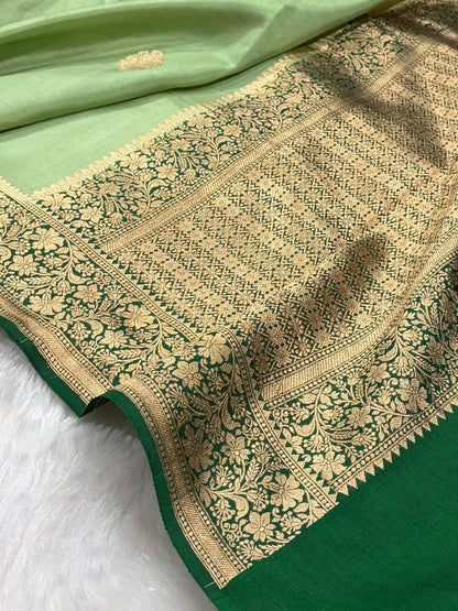 Banarasi Pista Green With Chocolate Contrast Shades Meenakari Boots Handwoven Pure Paper Silk Saree RM-90