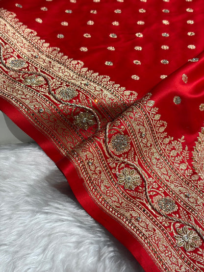 Banarasi Red Katan Silk Saree With Ari Zardozi and Swarovski stone work BSK01