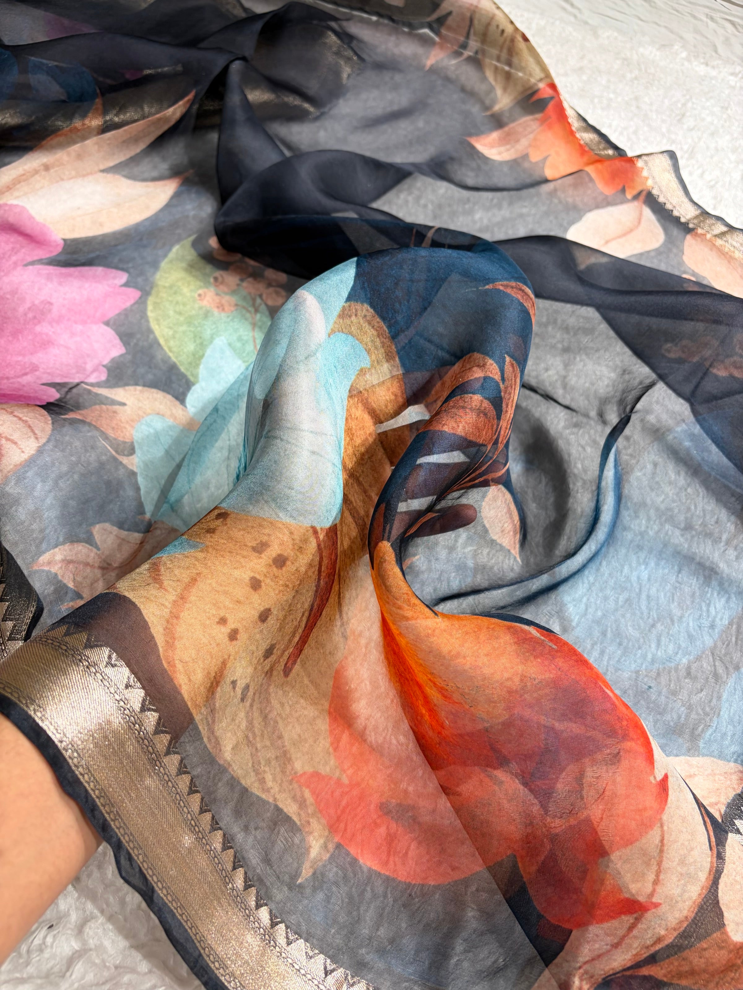 Organza with Pastel Multicolor Florals & Gold Zari Border POP14