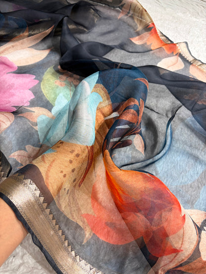 Organza with Pastel Multicolor Florals & Gold Zari Border POP14