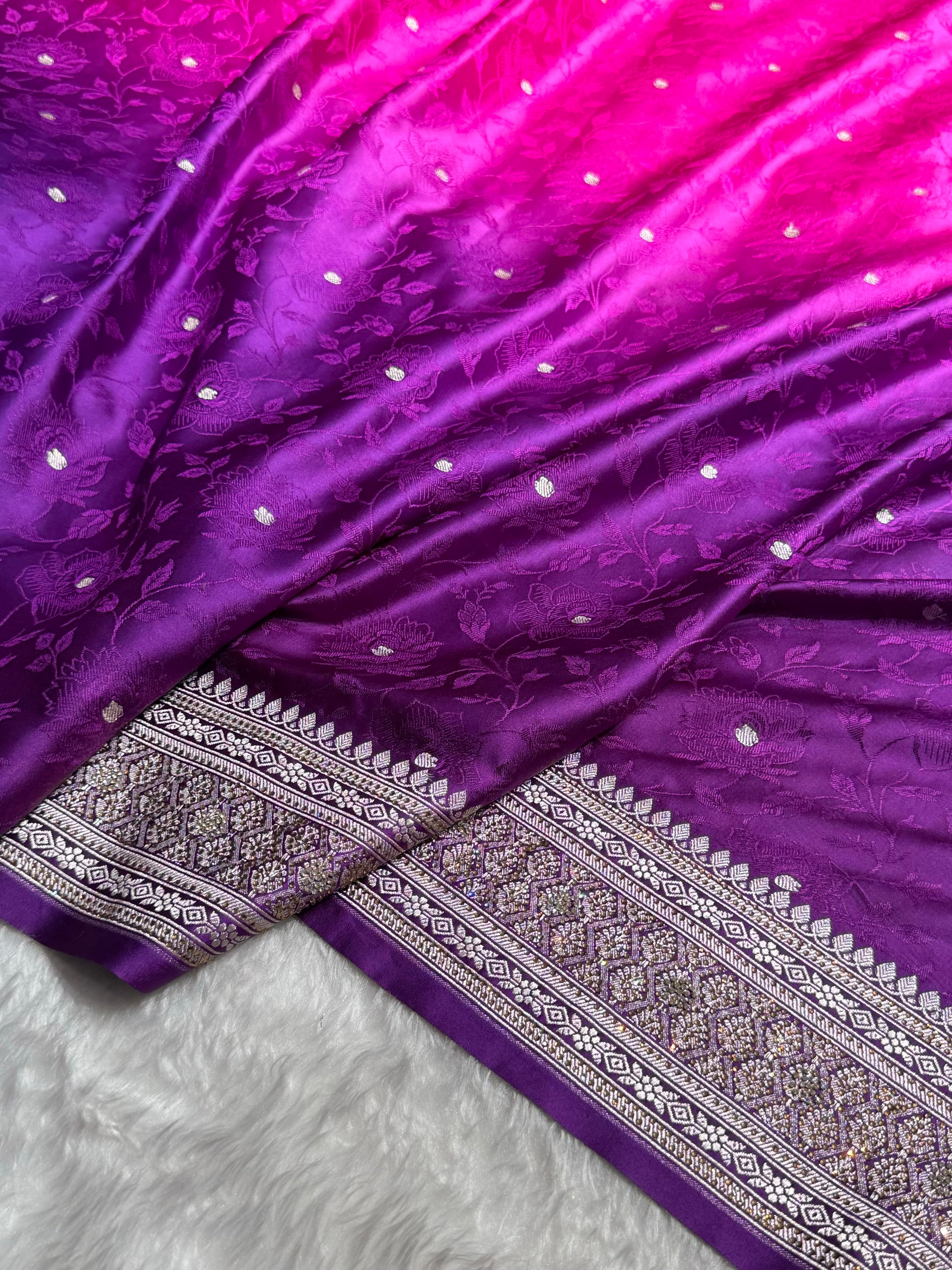 Ombre Purple With Pink Dual Shades Minakari Tanchoi With Swarovski Work Floral Booti Mashru Silk Saree BMS59