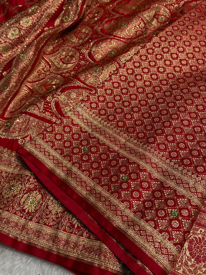 Bridal Red Katan Silk with Ari and Stone