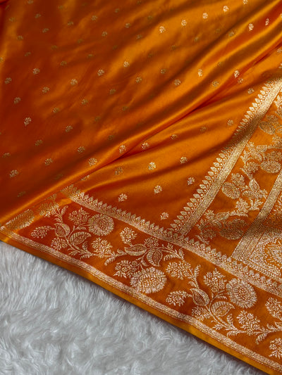 Banarasi Fanta Orange Shades Floral Pattern Satin Katan Silk Saree SK77