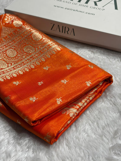 Banarasi Fire Gold Shades Cross Pattern Banarasi Satin Silk Saree SS52