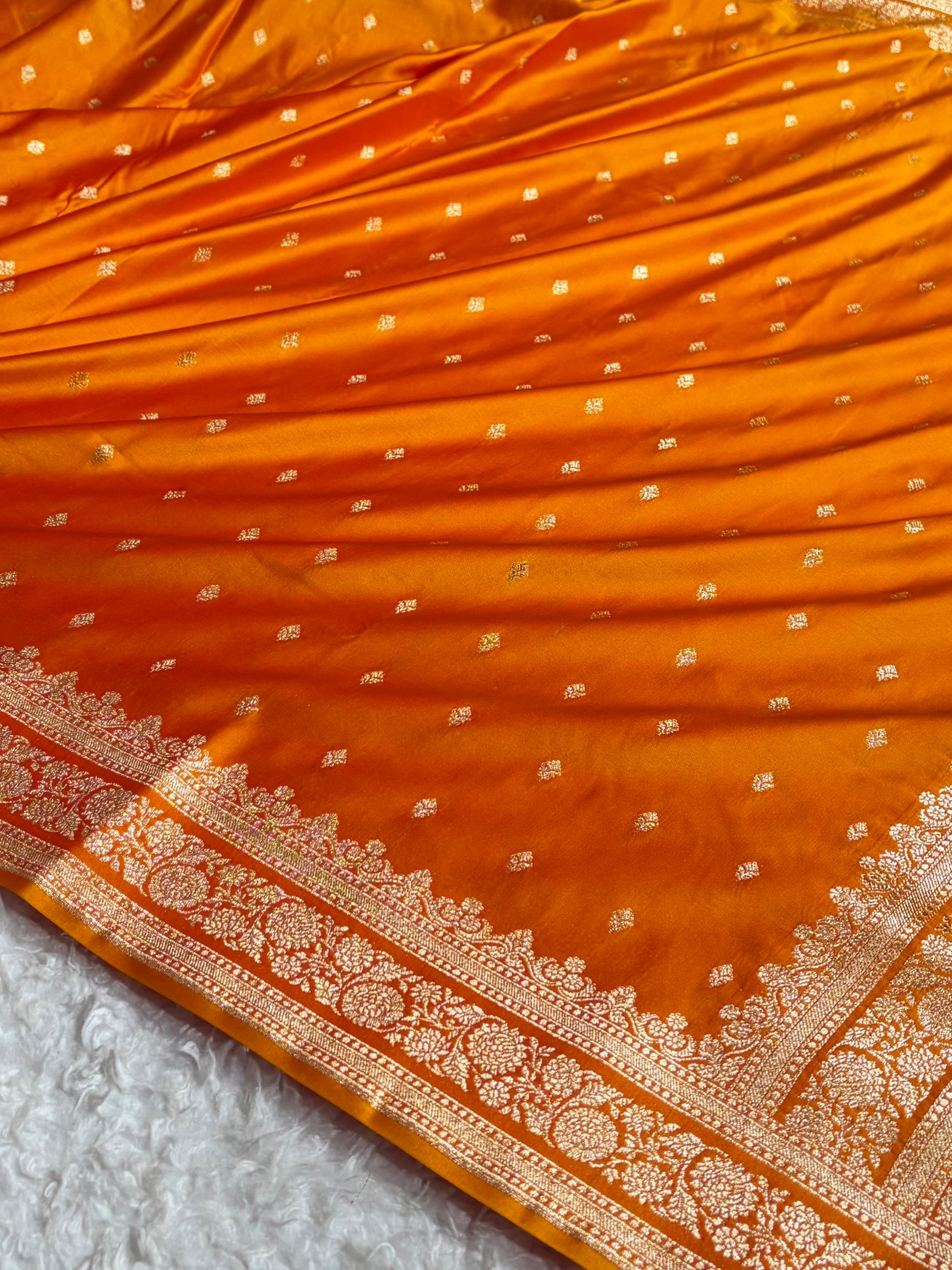 Orange Gold Shades Booti Pattern Satin Katan Silk Saree SK51