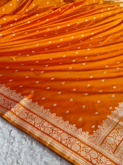 Orange Gold Shades Booti Pattern Satin Katan Silk Saree SK51