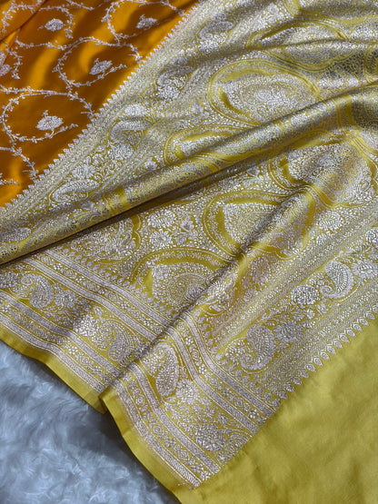 Banarasi Mustard With Lemon Contrast Shades Jaal Mashru Silk Saree MS44