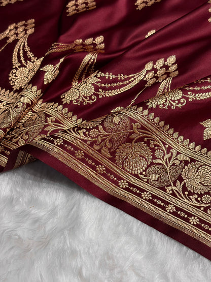 Garnet Floral Boota Satin Katan Silk saree SK34